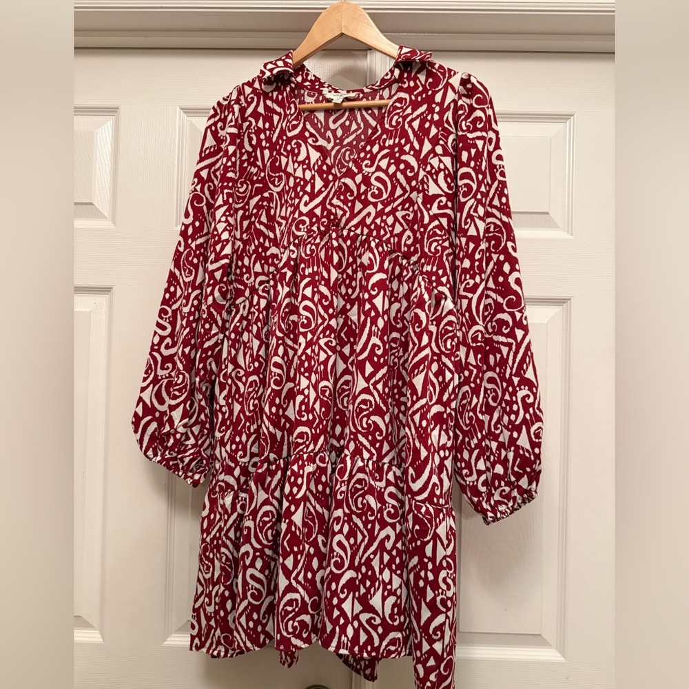 Umgee Deep Red and White Oversized Midi Dress Small Collared